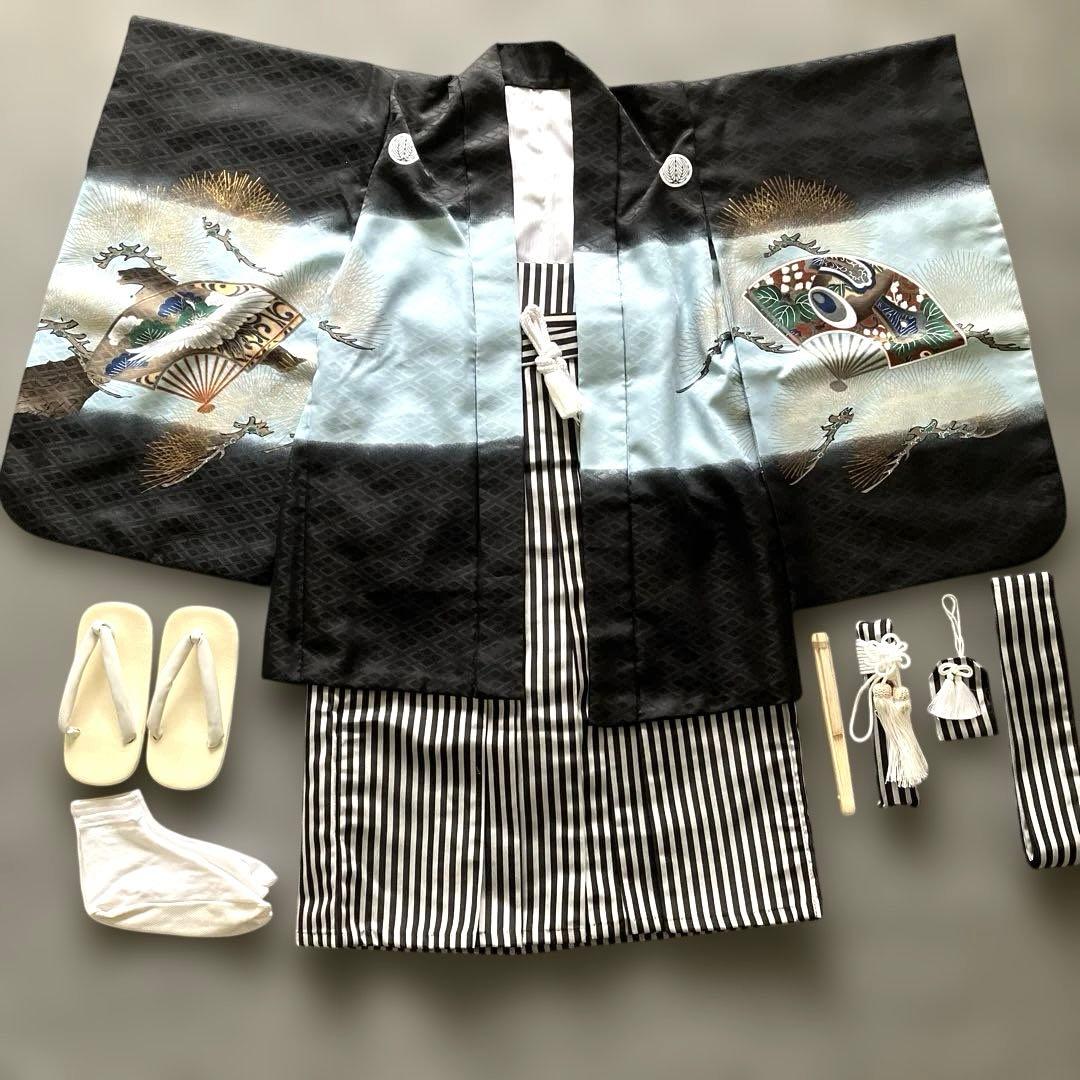 男の子七五三　羽織、袴一式　着付けDVD付き　鷹と扇子デザインフルセット
