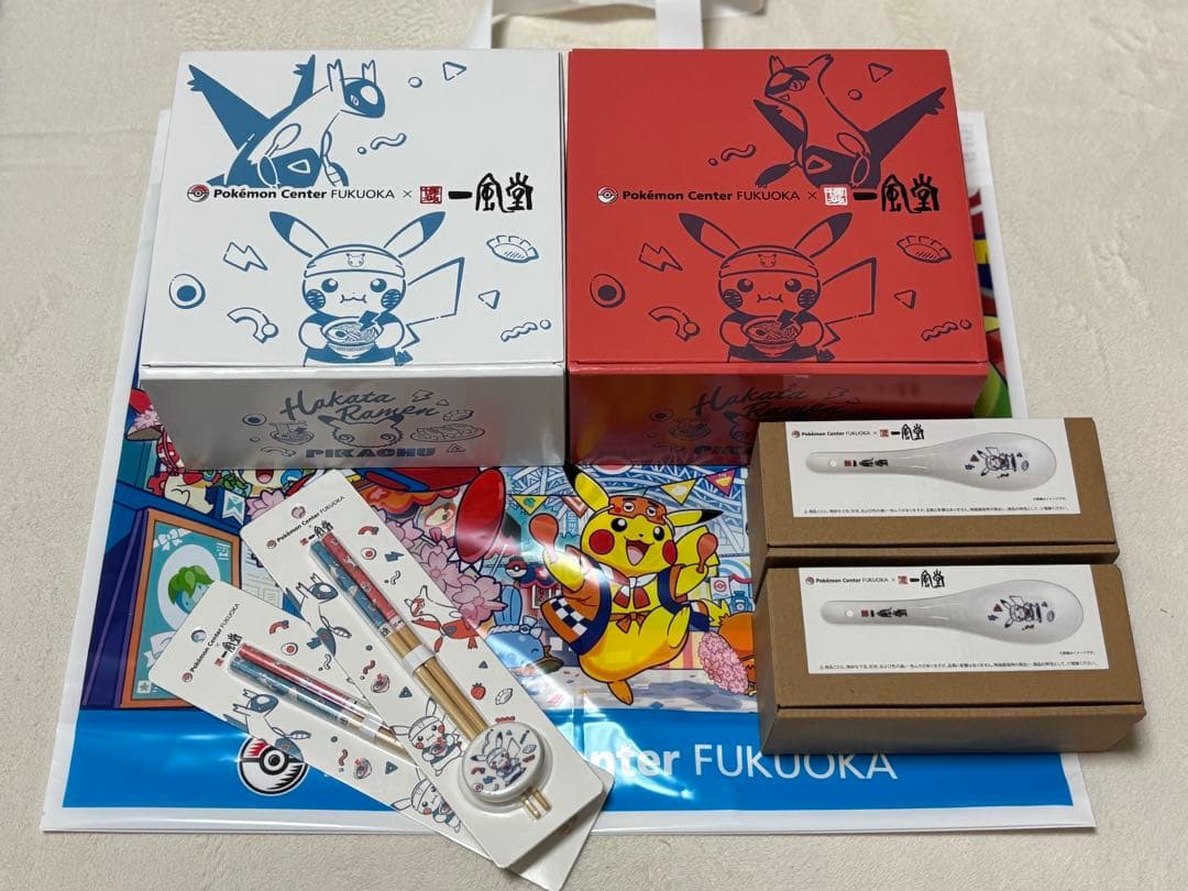 ポケモンセンターフクオカ　福岡一風堂 どんぶり 赤白　ショッパー　レンゲ　箸　7