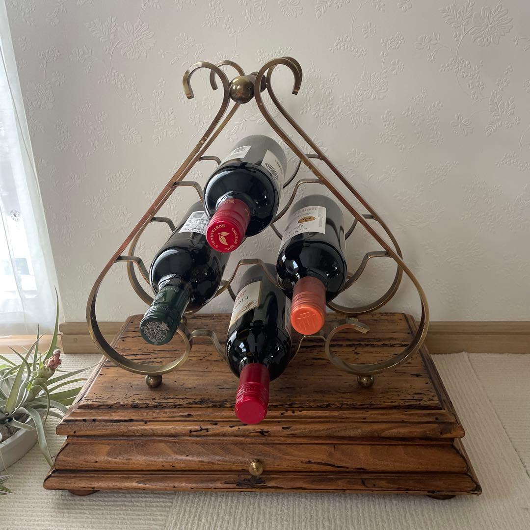 【希少】ビンテージマホガニー/アンティーク 真鍮ワインラック 置物 天然木