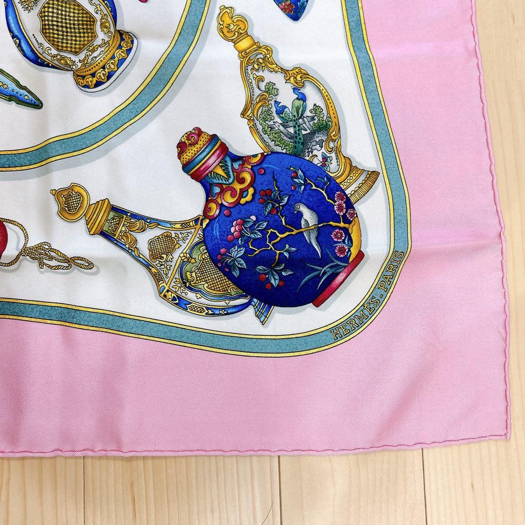 HERMES エルメス カレ90 香水瓶 シルク スカーフ ピンク