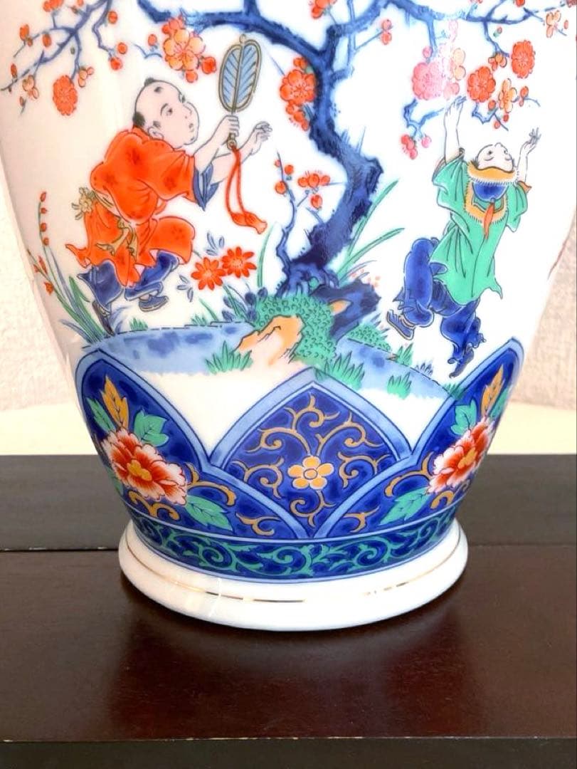 【新品】若山窯　唐絵柄陶器花びん 昭和レトロ 唐絵 骨董 手描き花瓶 置物
