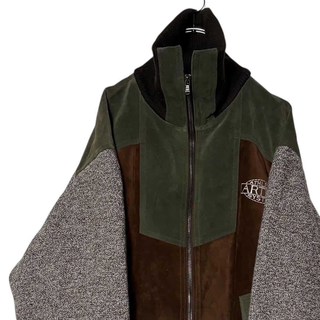 イタリア製 スエードレザージャケット 茶色×緑 XL 切り替えウールブルゾン