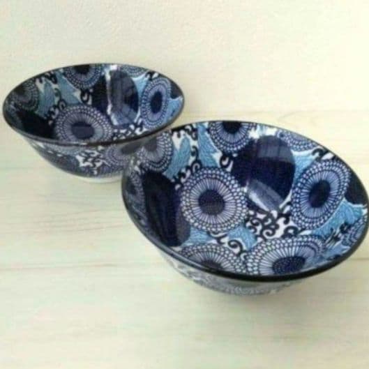 新品2点セット　美濃焼　紺青　15cm 丼　大輪菊