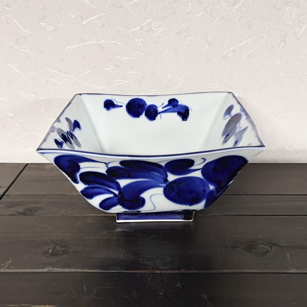 値下げ【新品・未使用】有田焼　古染草花角大鉢　盛鉢