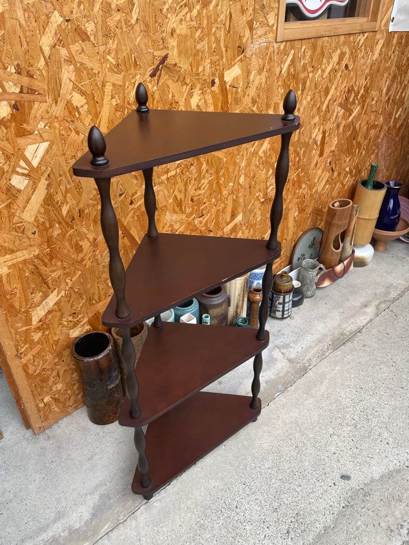 アンティーク　コーナーラック　ダークブラウン三角シェルフ 4段