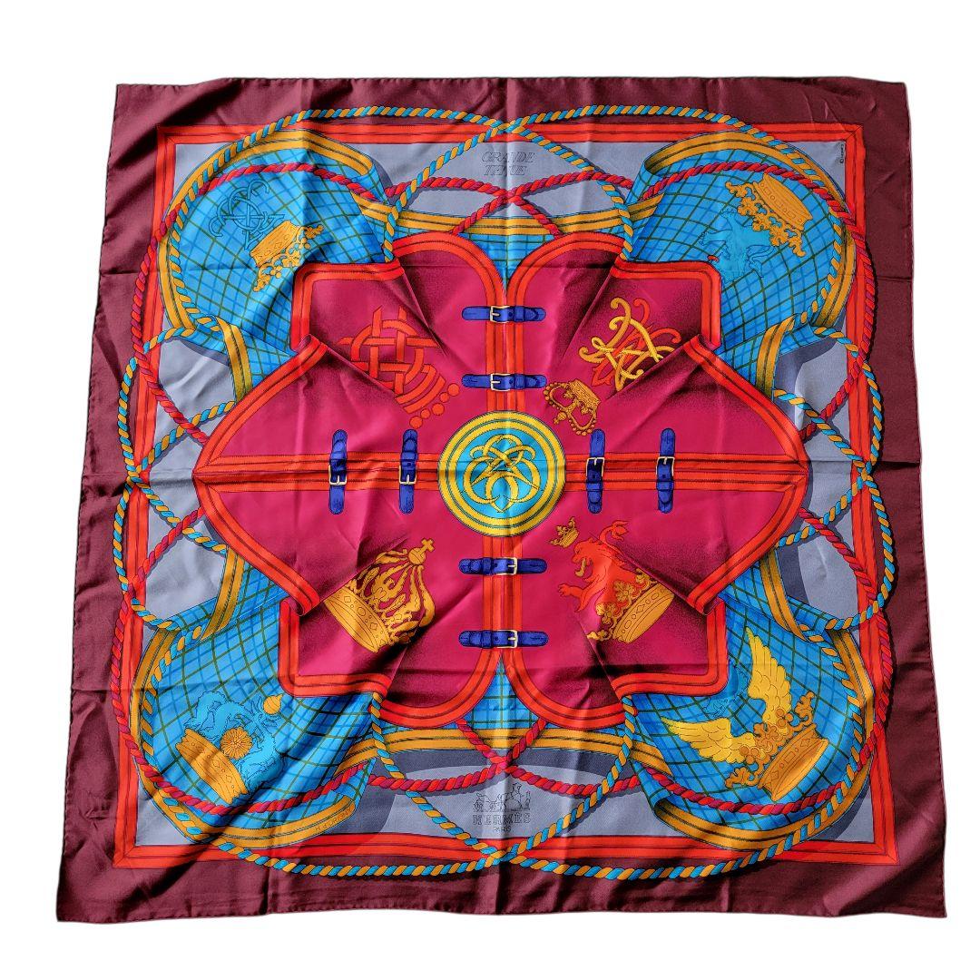 エルメス　大判スカーフ　シルクスカーフ　 馬具　紋章柄　グランデテヌエ　88.５