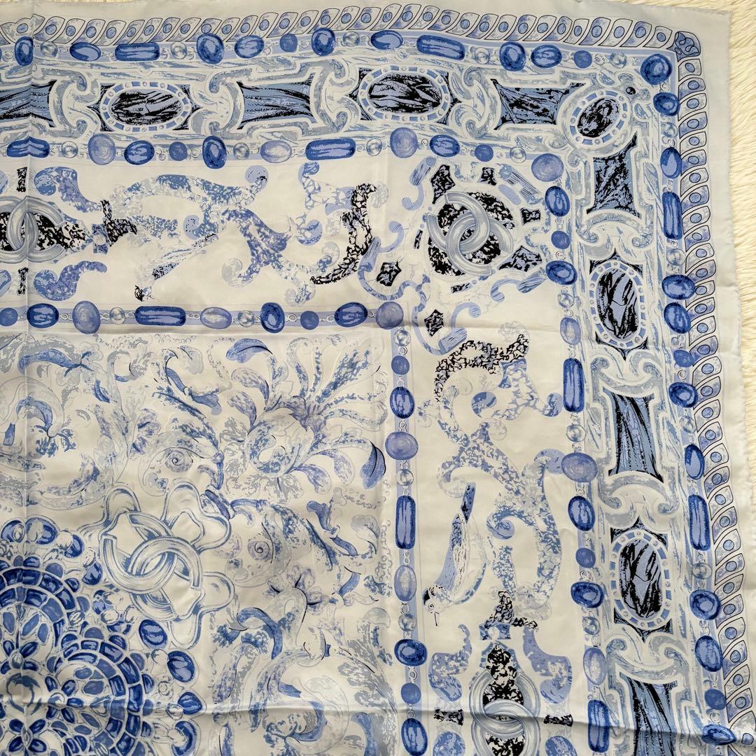 CHANEL シャネル ココマーク 大判 シルク スカーフ ストール　ブルー系