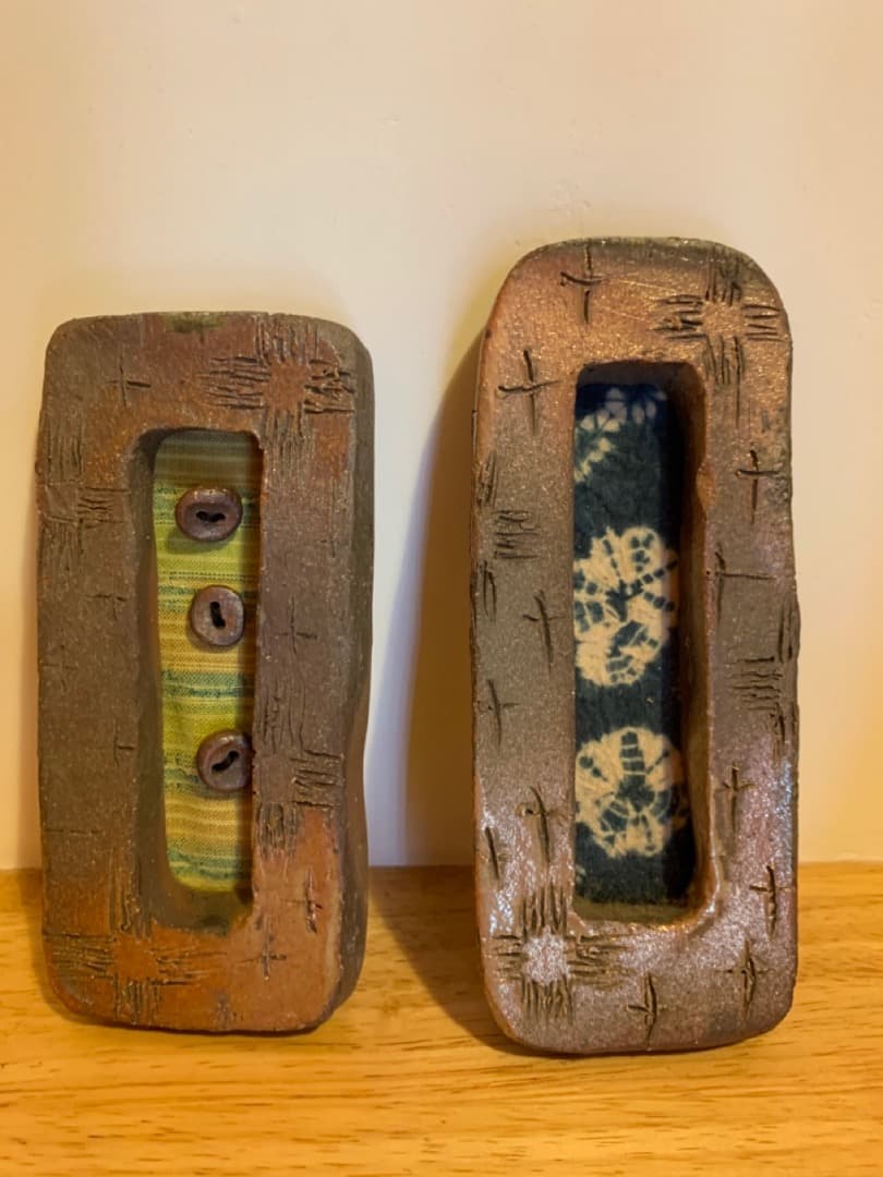 古布15　2点セット　額　信楽焼　アート　陶製　美術品　壁掛け