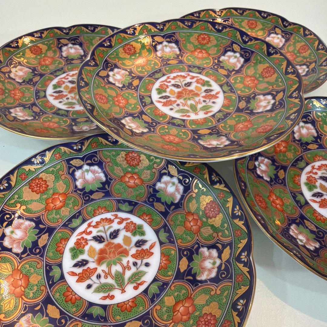 前畑陶器 庫山窯 金襴手 牡丹 銘々皿揃 輪花皿　金彩 古伊万里 色絵 5枚