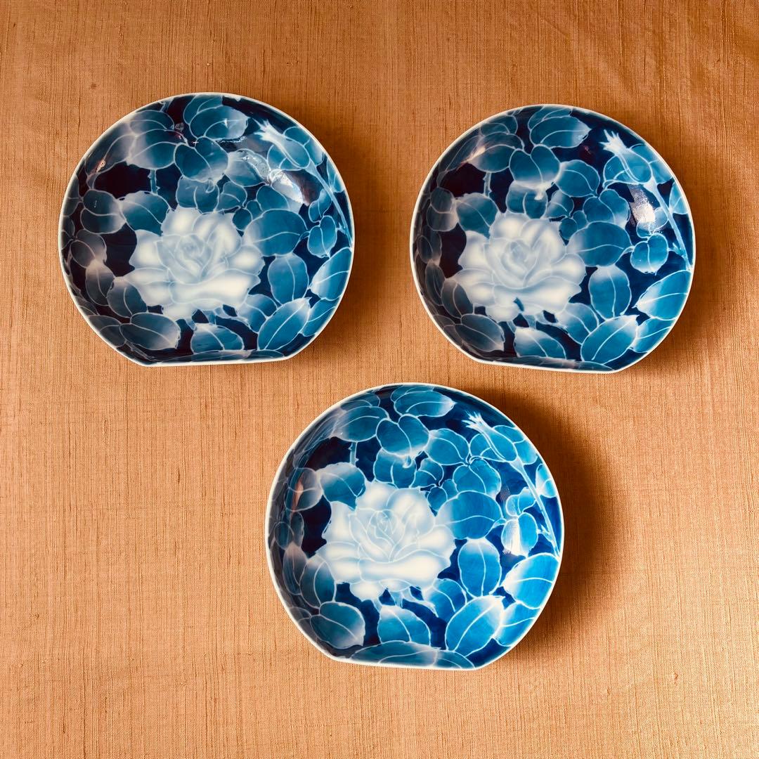 (希少) 深川製磁　古代バラ　半月皿　小皿　3枚　古代薔薇　手書き　有田焼