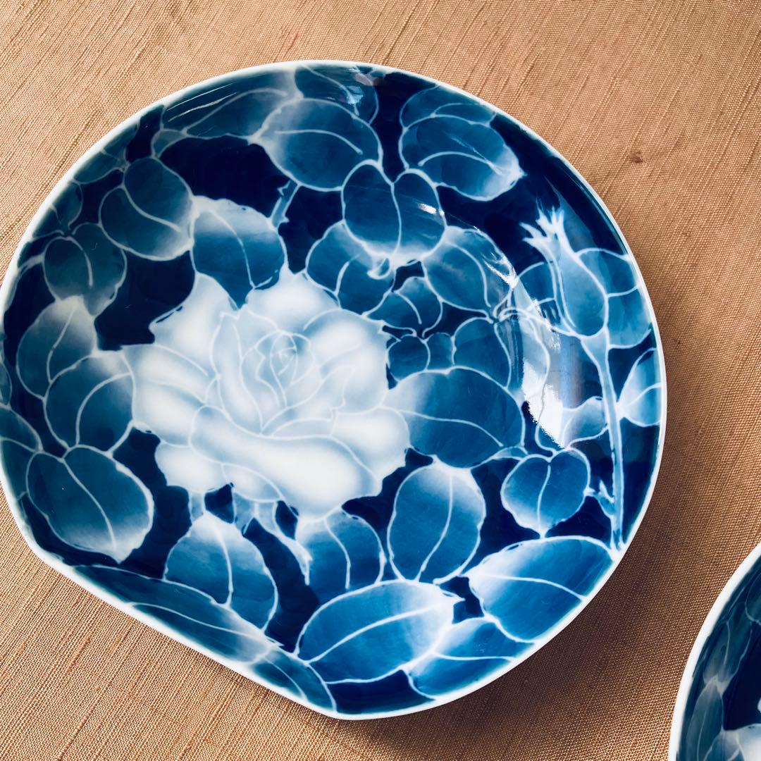 (希少) 深川製磁　古代バラ　半月皿　小皿　3枚　古代薔薇　手書き　有田焼