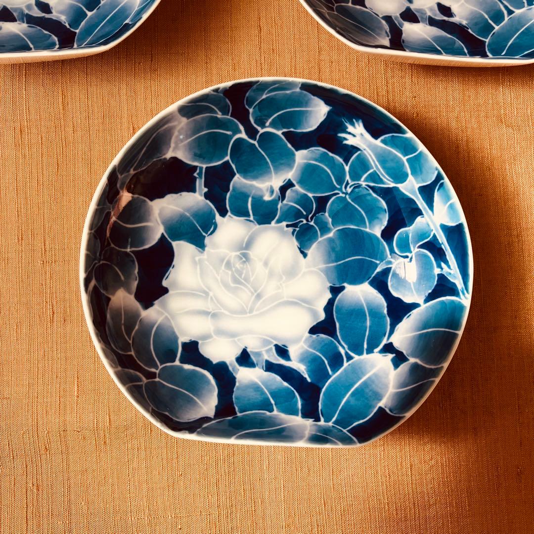 (希少) 深川製磁　古代バラ　半月皿　小皿　3枚　古代薔薇　手書き　有田焼