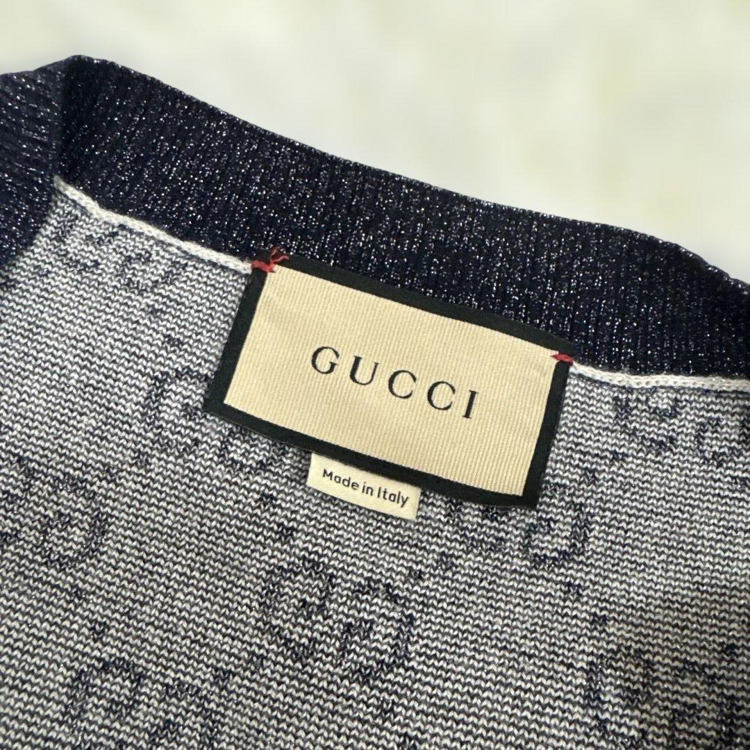 グッチ　アイボリー×ネイビー　ラメニットカーディガン