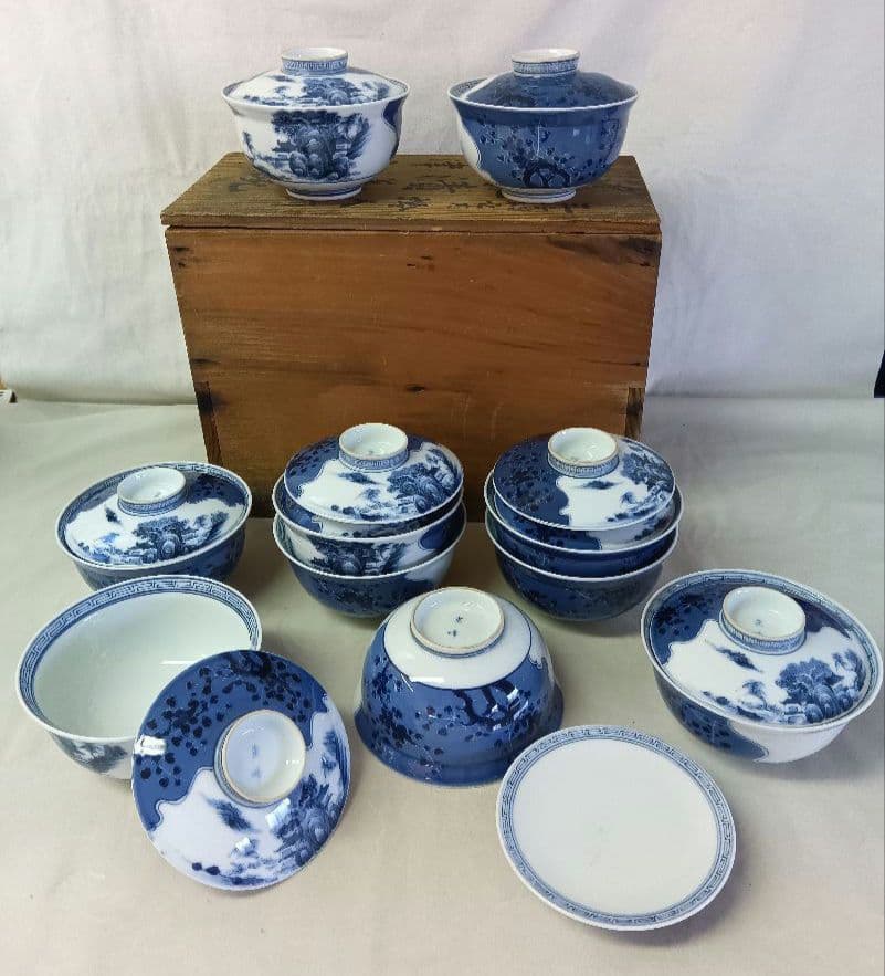 寉峰　蓋付飯椀　10客　茶漬茶碗　小鉢　小丼　骨董品　時代物　染付　木箱