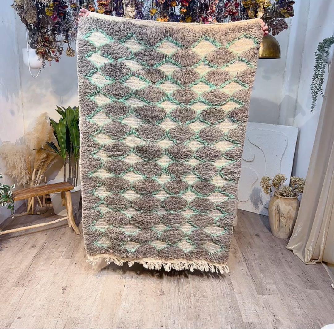 幾何学模様 グレー×水色ラグ 約150×100cm モロッコアジラル ベニワレン