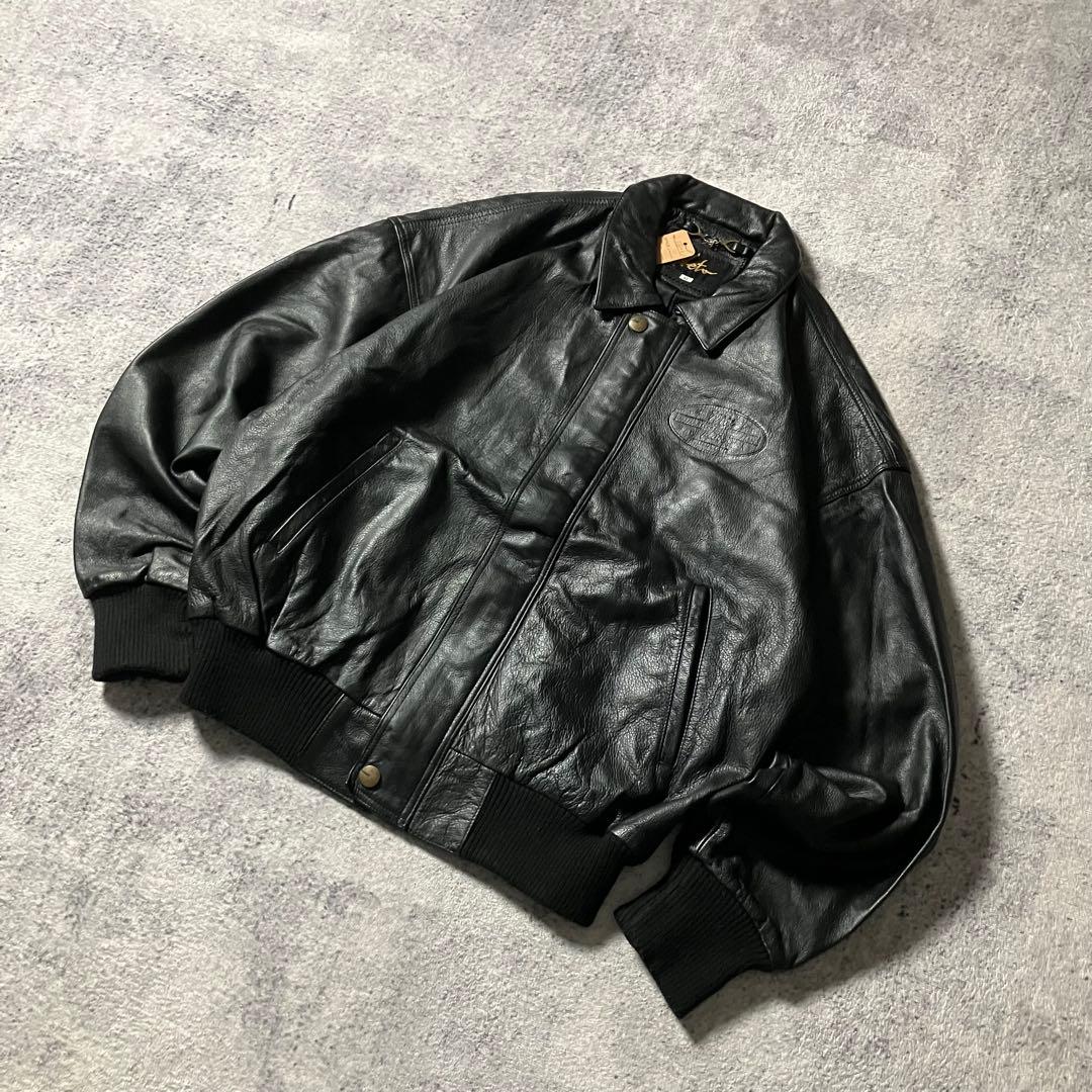 90sKETAカナダ製本革レザージャケットフライト短丈黒型押しロゴブラック