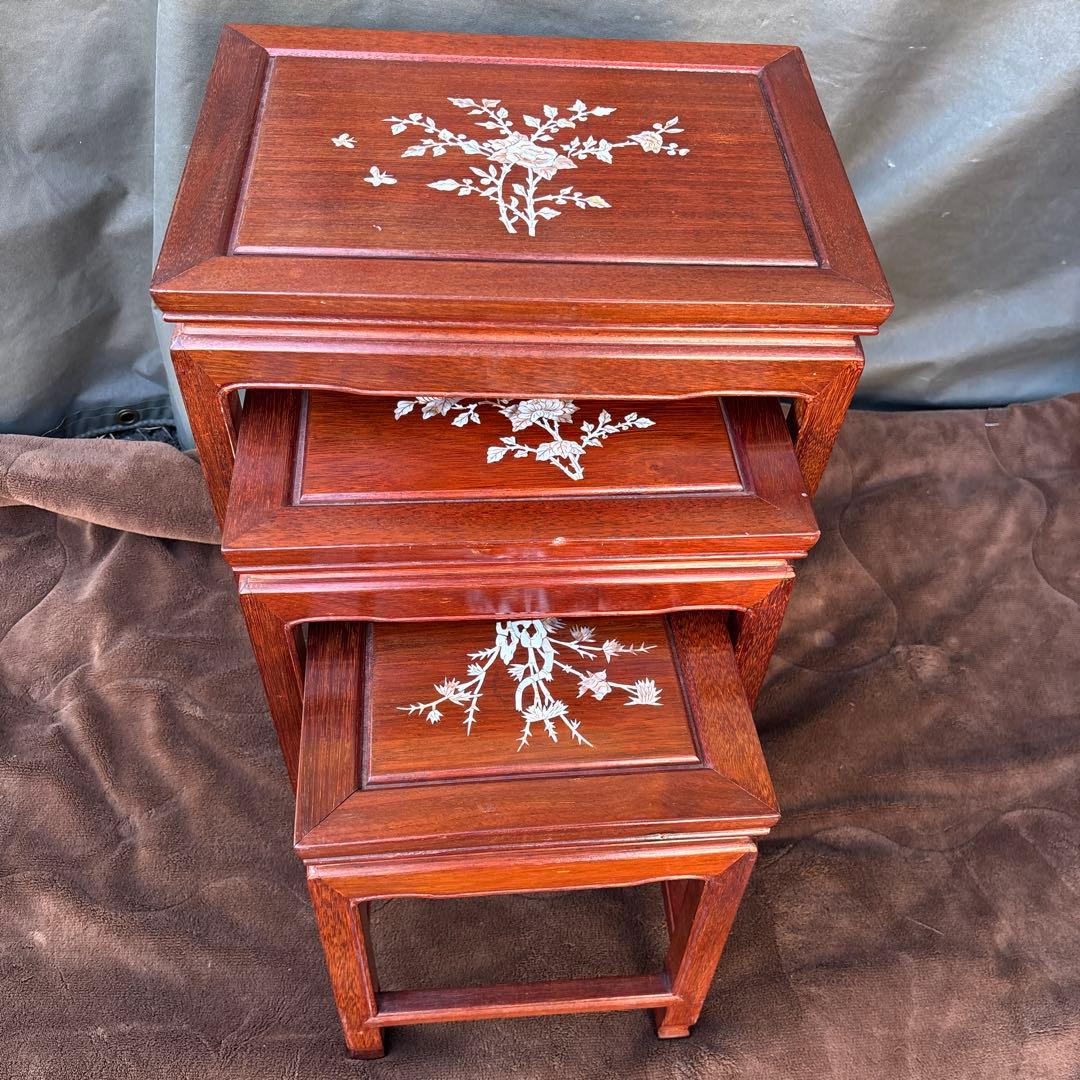 サイドテーブル3点セット　花台　花梨　螺鈿細工？