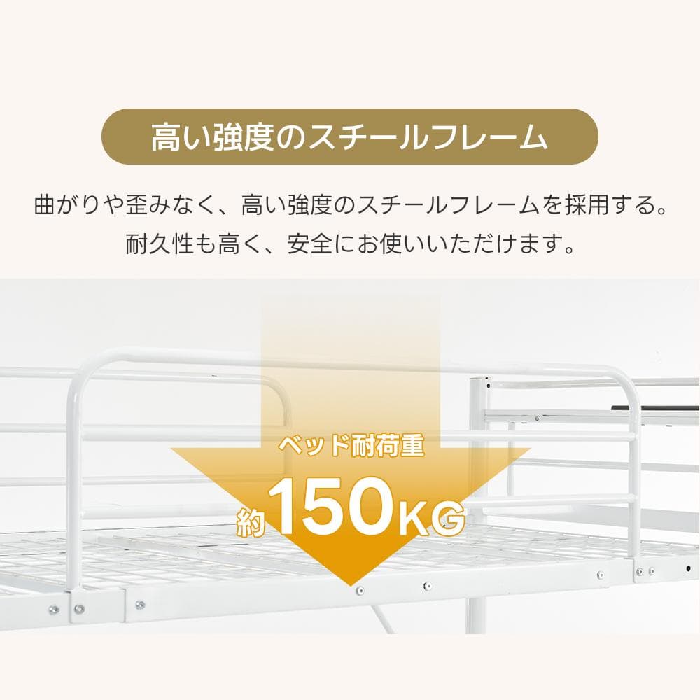 ロフトベッド　移動可能デスク付き　シングルサイズ　コントロール棚付き　WHITE