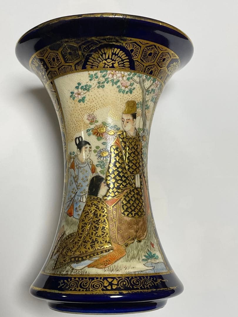 京薩摩　瑠璃金蘭手人物図広口小瓶　楠部造　古美術　骨董　直しあり