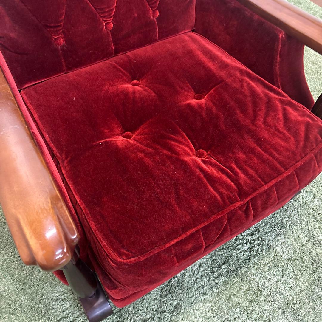 ① 昭和レトロ 古家具 一人掛けベロアソファー アームチェア ヴィンテージ 赤