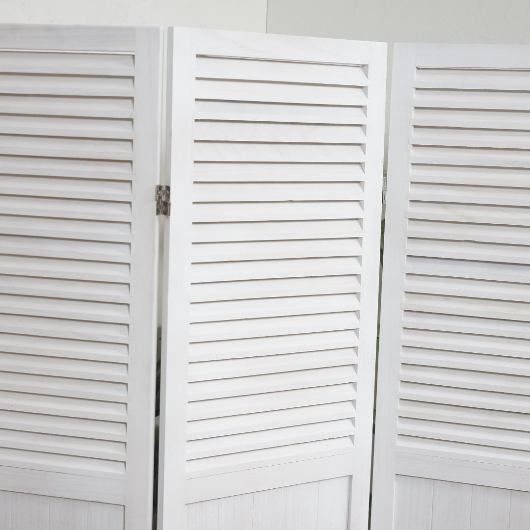 【新品】木製ルーバー パーテーション 3連　シャビーホワイト　アンティーク調