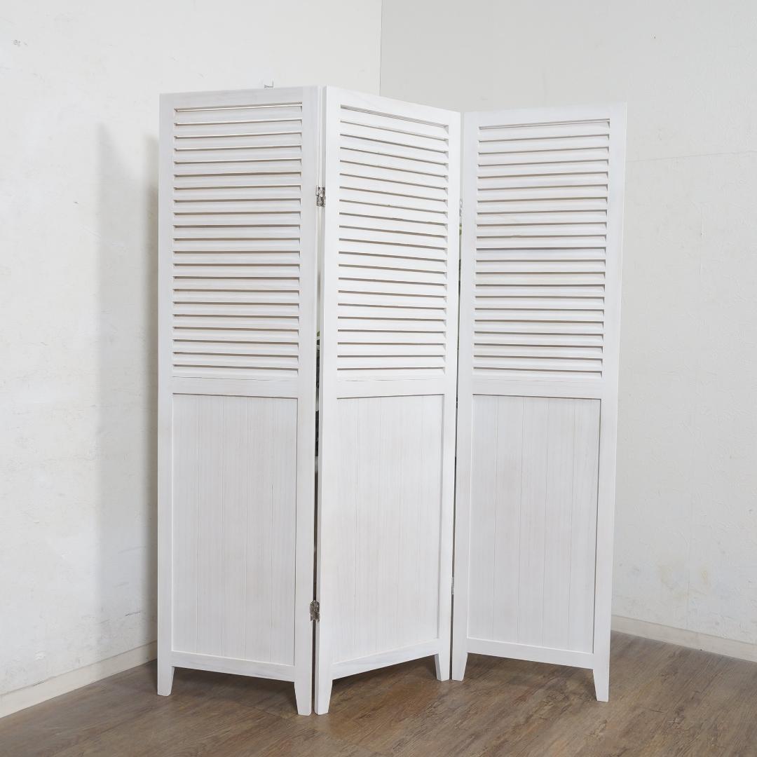 【新品】木製ルーバー パーテーション 3連　シャビーホワイト　アンティーク調