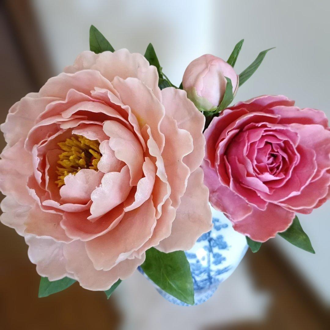 専用　芍薬アレンジ　迎春花　お正月アレンジ　クレイフラワー 樹脂粘土