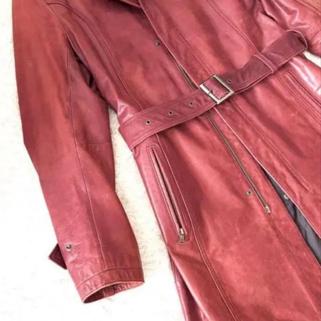 ジャケット・アウター TornadoMart Red Leather Belted Long Coat