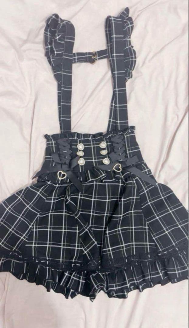 LIZLISA レースアップサスペンダー付きスカパン　ブラックチェック