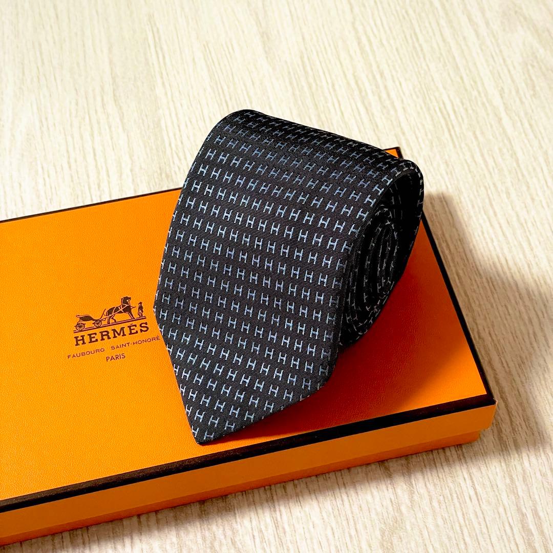 HERMES　エルメス　ネクタイ　ファソネ　総H柄 H織　グレー　ブルー　シルク
