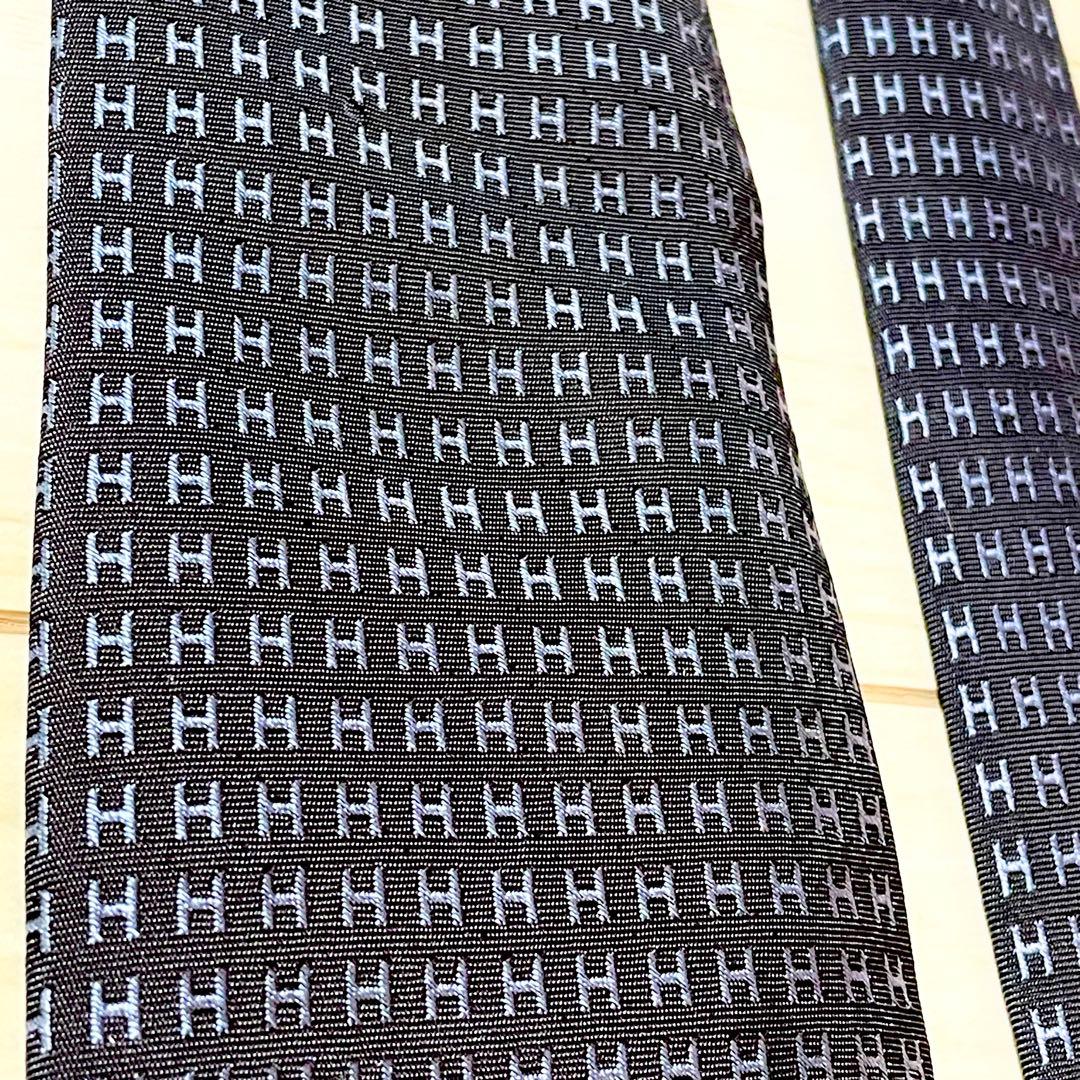 HERMES　エルメス　ネクタイ　ファソネ　総H柄 H織　グレー　ブルー　シルク