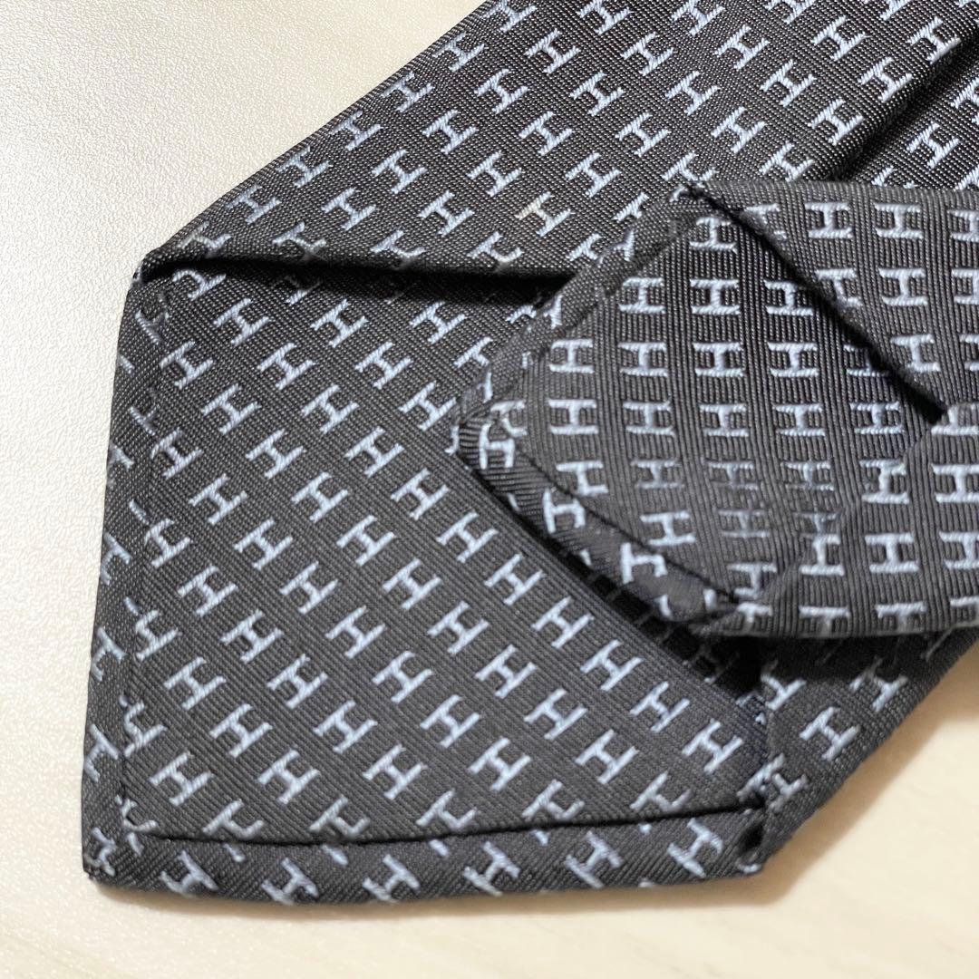 HERMES　エルメス　ネクタイ　ファソネ　総H柄 H織　グレー　ブルー　シルク
