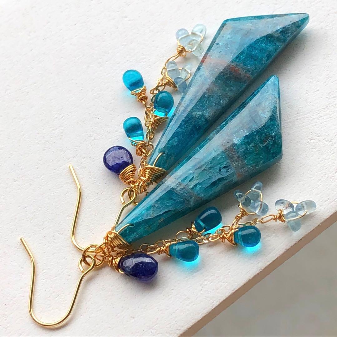 天然石ブルーパープルオーシャンジャスパーのピアス14kgf