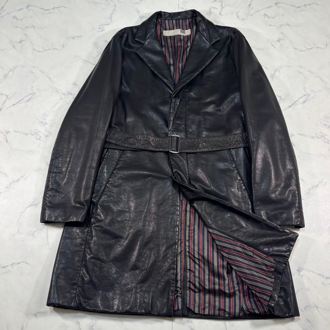 鹿革 ディアスキン レザー チェスターコート 黒ベルト 裏地総柄 Lサイズ
