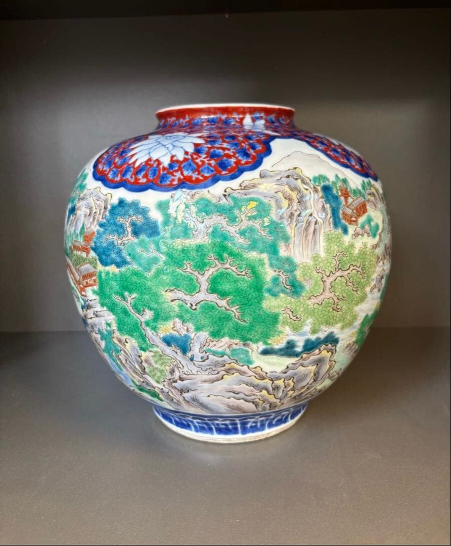 晩香窯「庄村健吉」造色絵花生　明治時代 花瓶 花入