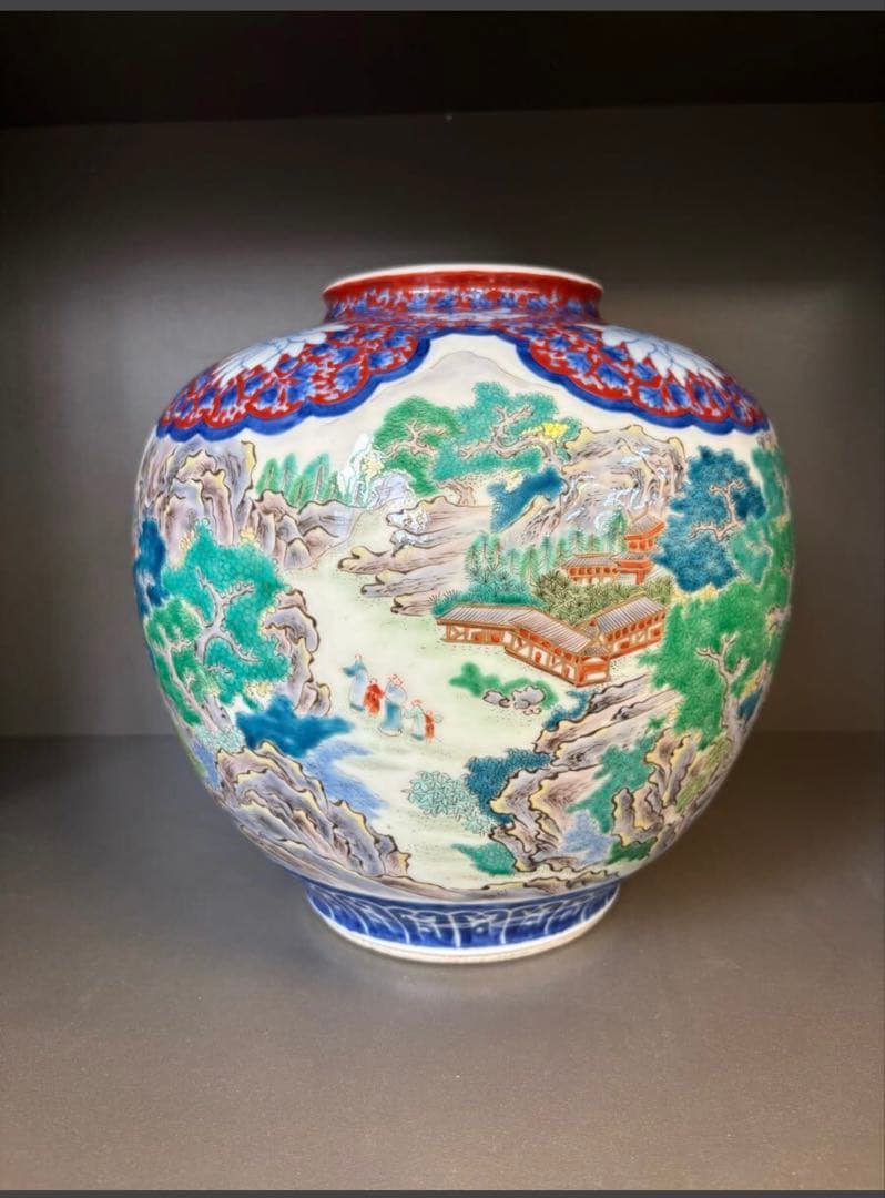 晩香窯「庄村健吉」造色絵花生　明治時代 花瓶 花入