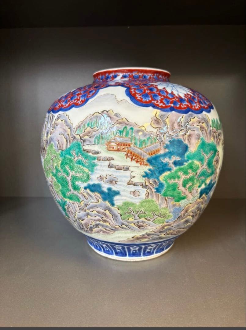 晩香窯「庄村健吉」造色絵花生　明治時代 花瓶 花入