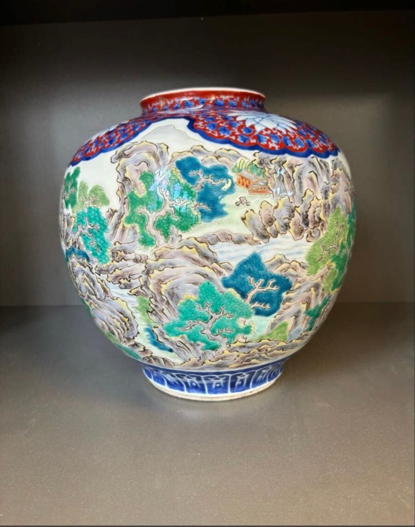 晩香窯「庄村健吉」造色絵花生　明治時代 花瓶 花入