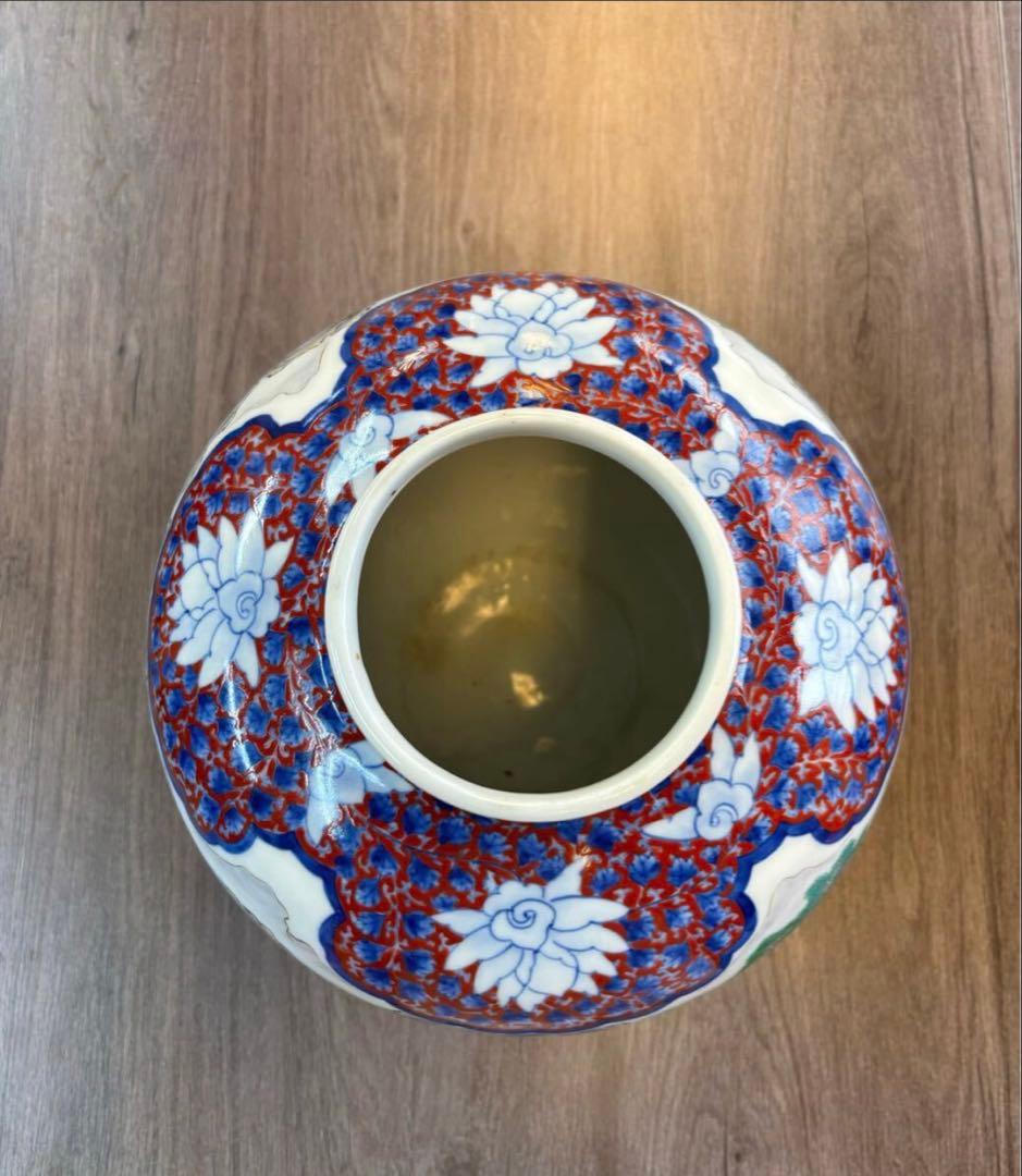 晩香窯「庄村健吉」造色絵花生　明治時代 花瓶 花入