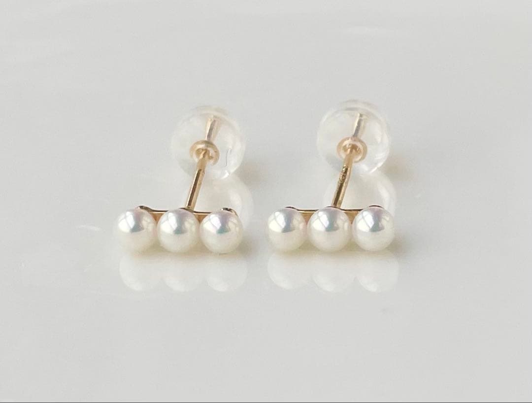 ミラー調本真珠 ほぼ無傷 k18 18金 ミニマルデザイン ピアス 一点物