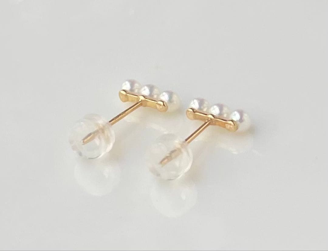 ミラー調本真珠 ほぼ無傷 k18 18金 ミニマルデザイン ピアス 一点物