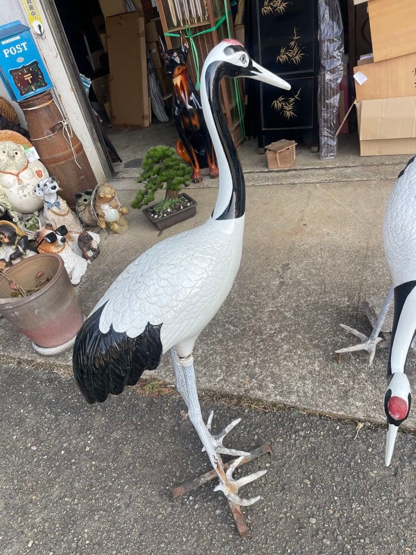 庭園置物　鶴 2羽 古美術 縁起物　陶器 骨董 日本庭 オブジェ　高さ109cm