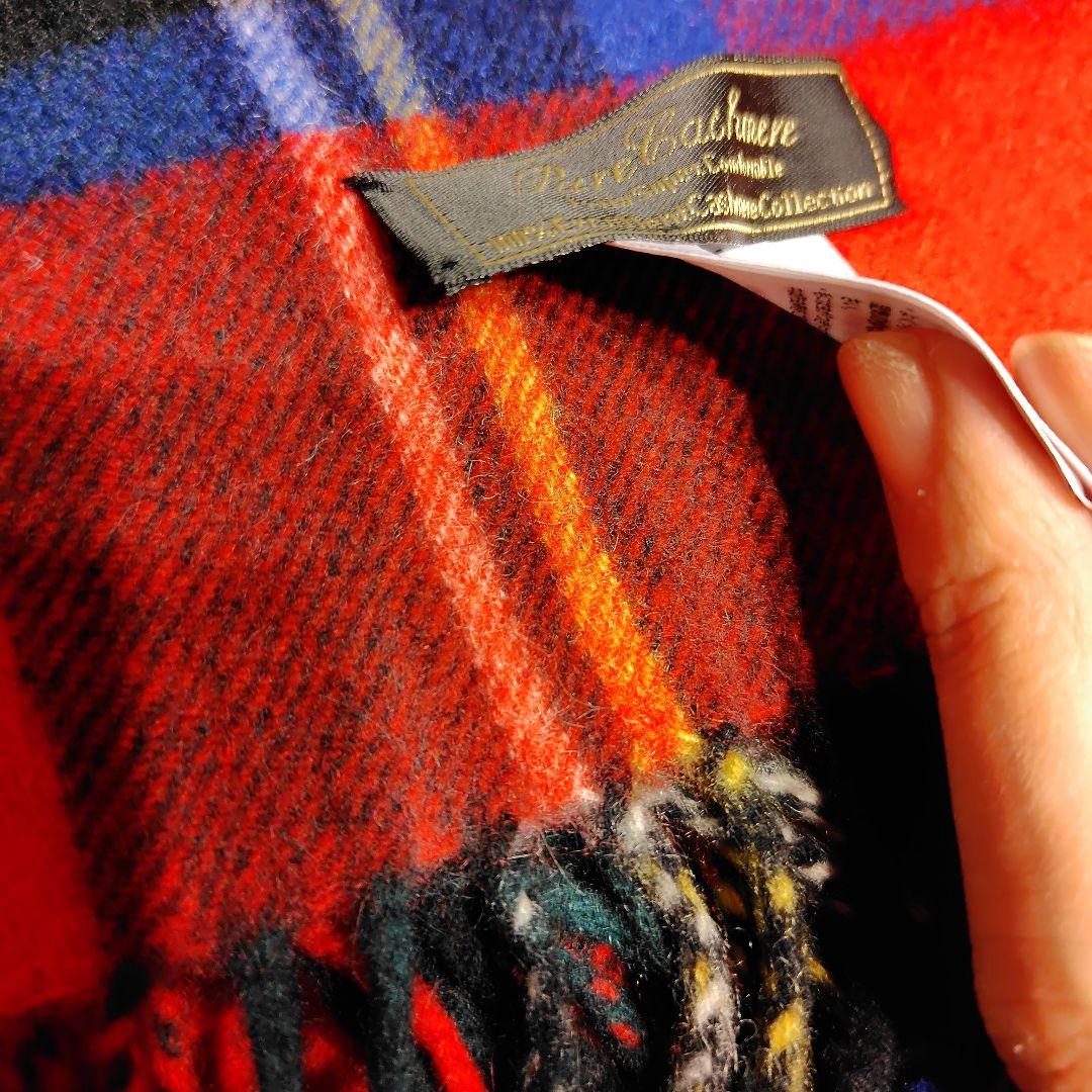 カシミヤ100%　チェック ストール　マフラー　赤　大判