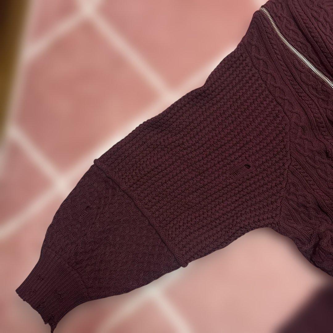 売り切り　新品　HARE バーガンディ ケーブルニットカーディガン　ダメージ