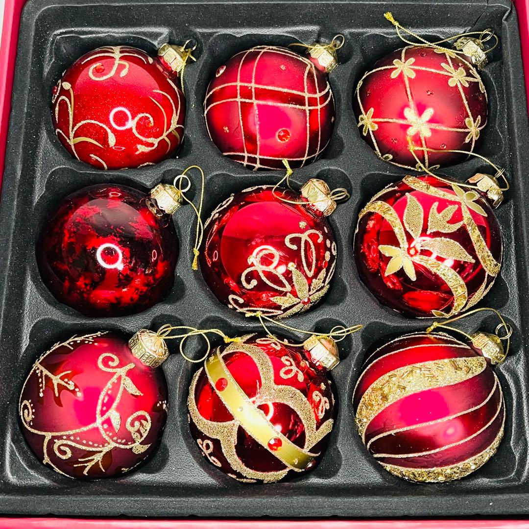コストコ クリスマス オーナメント 赤 ガラス 大玉9個 箱付　ツリー用