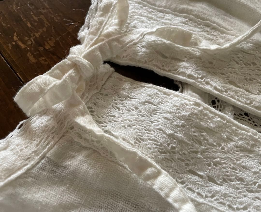 未使用品フレンチ袖レース綿麻エプロンドレス白色