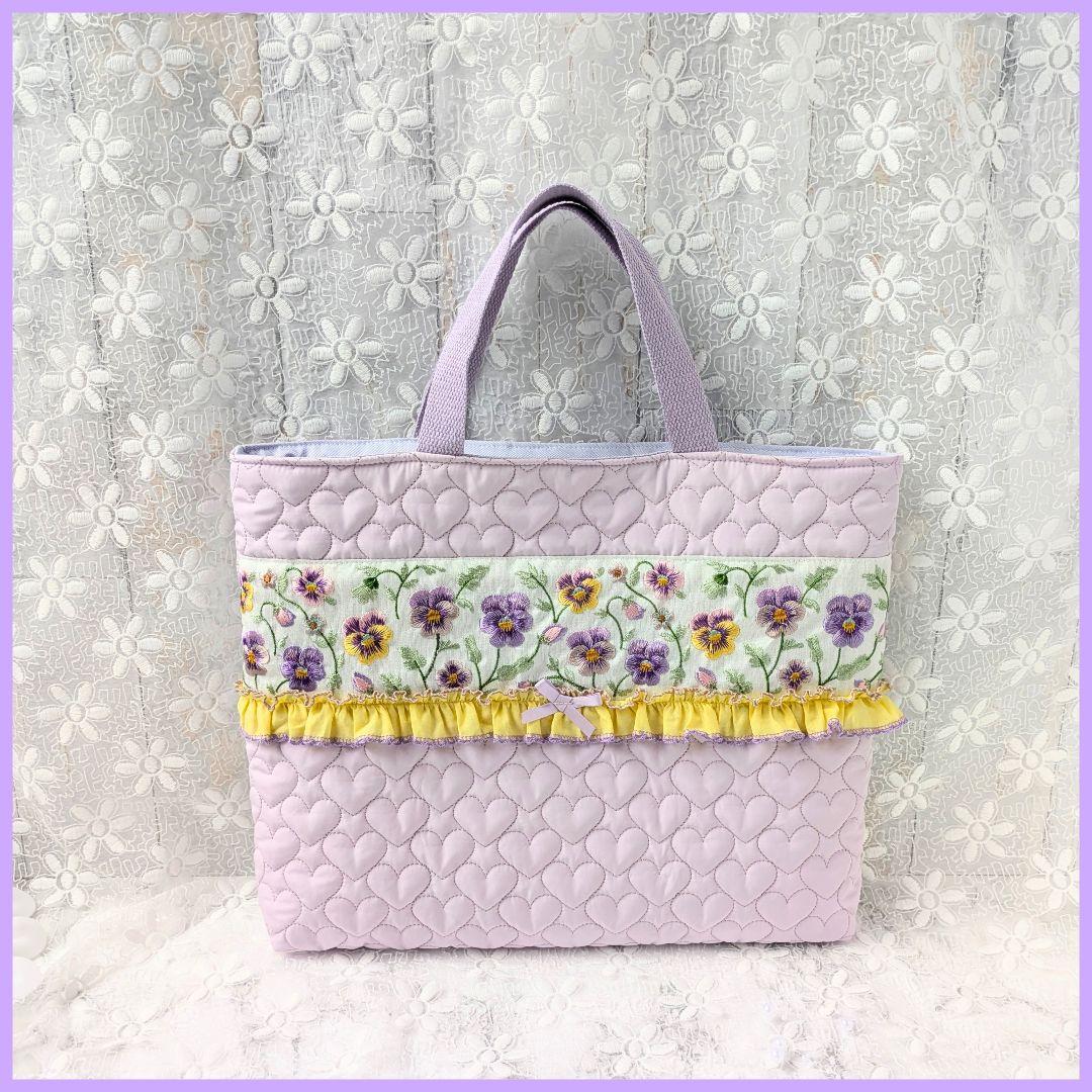 レッスンバッグ　手提げ　ハートキルト　パンジー刺繍リボン