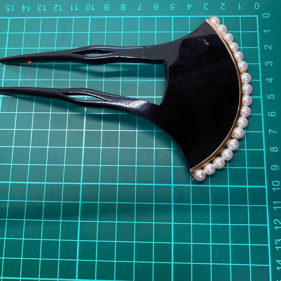 100402 結婚式　本鼈甲　黒甲　金プレート18K 真珠バチ型　かんざし　簪