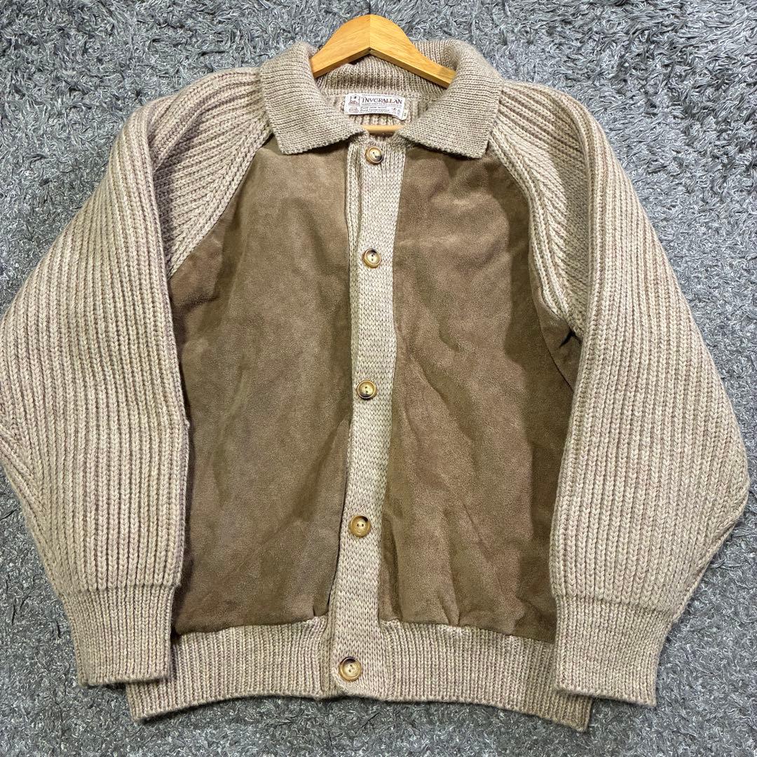 【希少】INVERALLAN スエード切替 カーディガン 44 茶タグ 英国製