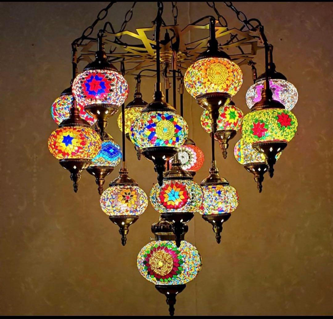 ガラス工芸品 天井照明トルコランプ職人手作りカラーガラス飾り16灯
